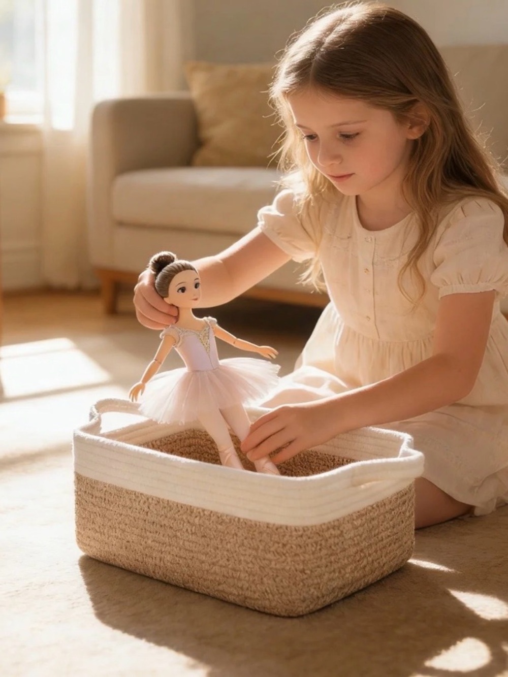 Cotton Rope Storage Basket in Cream and Tan - Picture 2 of 6